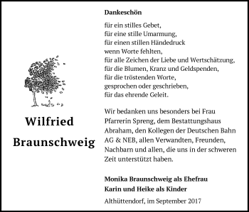 Traueranzeige von Wilfried Braunschweig von Märkische Oderzeitung