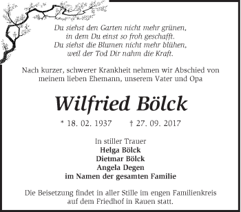 Traueranzeige von Wilfried Bölck von Märkische Oderzeitung