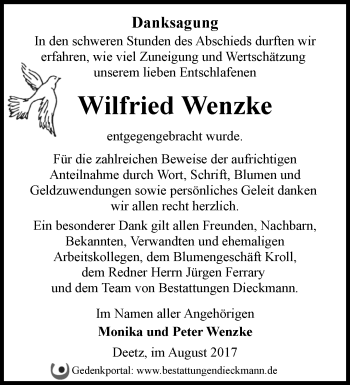 Traueranzeige von Wilfried Wenzke von Märkische Oderzeitung