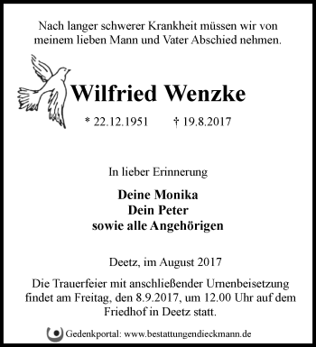 Traueranzeige von Wilfried Wenzke von Märkische Oderzeitung