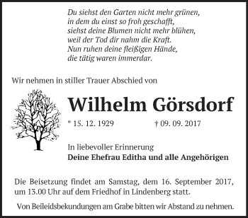 Traueranzeige von Wilhelm Görsdorf von Märkische Oderzeitung