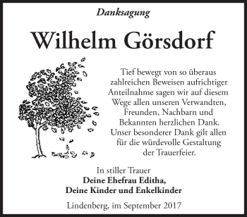 Traueranzeige von Wilhelm Görsdorf von Märkische Oderzeitung