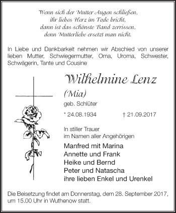 Traueranzeige von Wilhelmine Lenz von Märkische Oderzeitung