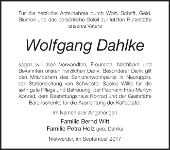 Traueranzeige von Wolfgang Dahlke von Märkische Oderzeitung