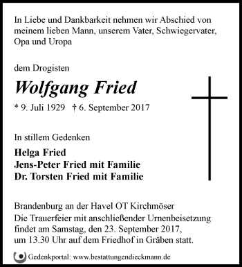 Traueranzeige von Wolfgang Fried von Märkische Oderzeitung