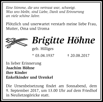 Traueranzeige von Brigitte Höhne von Märkische Oderzeitung