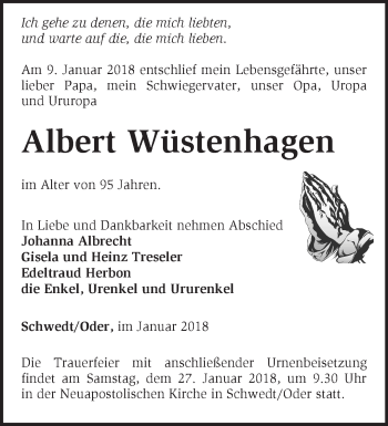 Traueranzeige von Albert Wüstenhagen von Märkische Oderzeitung