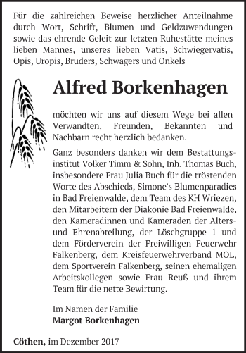 Traueranzeige von Alfred Borkenhagen von Märkische Oderzeitung