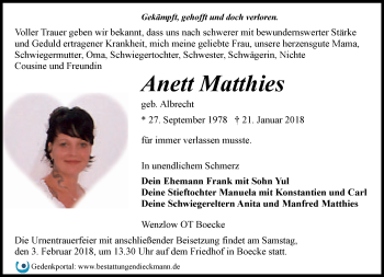 Traueranzeige von Anett Matthies von Märkische Oderzeitung