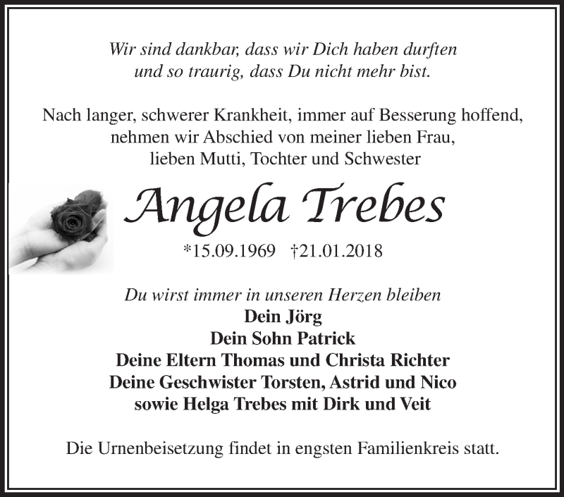  Traueranzeige für Angela Trebes vom 28.01.2018 aus Märkische Oderzeitung