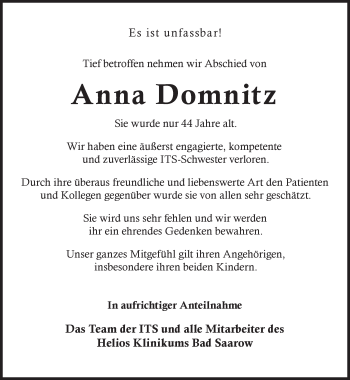 Traueranzeige von Anna Domnitz von Märkische Oderzeitung