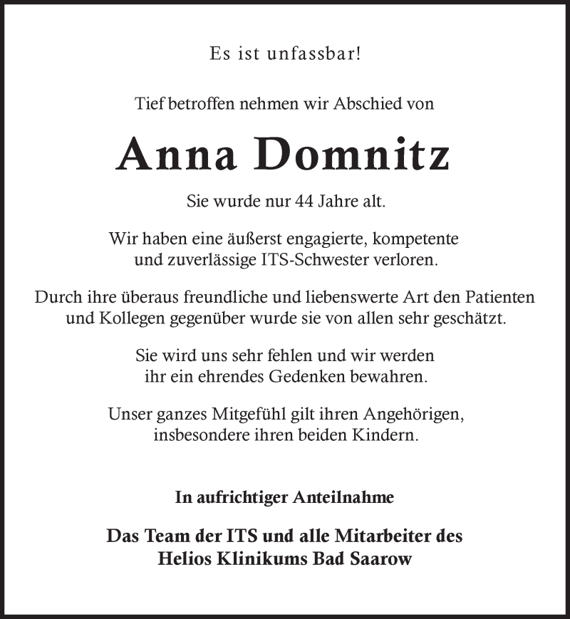  Traueranzeige für Anna Domnitz vom 27.01.2018 aus Märkische Oderzeitung