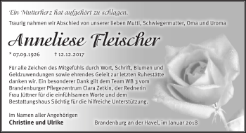 Traueranzeige von Anneliese Fleischer von Märkische Oderzeitung