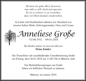 Traueranzeige von Anneliese Große von Märkische Oderzeitung