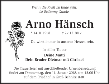 Traueranzeige von Arno Hänsch von Märkische Oderzeitung