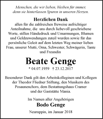 Traueranzeige von Beate Genge von Märkische Oderzeitung