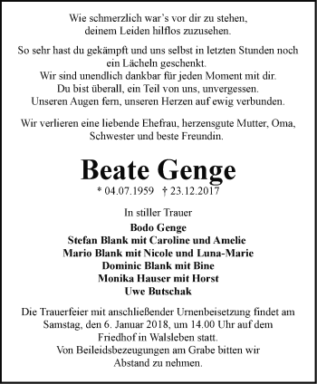 Traueranzeige von Beate Genge von Märkische Oderzeitung