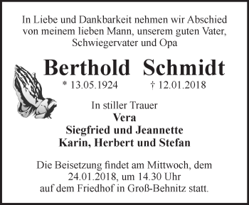 Traueranzeige von Berthold Schmidt von Märkische Oderzeitung