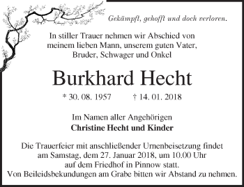 Traueranzeige von Burkhard Hecht von Märkische Oderzeitung