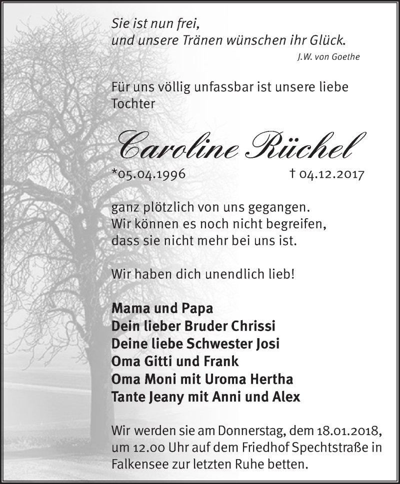  Traueranzeige für Caroline Rüchel vom 14.01.2018 aus Märkische Oderzeitung