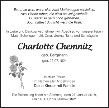 Traueranzeige von Charlotte Chemnitz von Märkische Oderzeitung