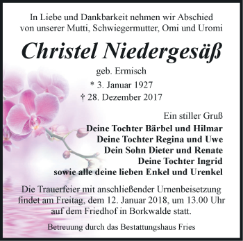 Traueranzeige von Christel Niedergesäß von Märkische Oderzeitung