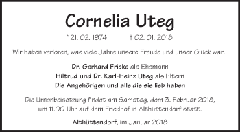 Traueranzeige von Cornelia Uteg von Märkische Oderzeitung