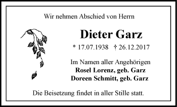 Traueranzeige von Dieter Garz von Märkische Oderzeitung