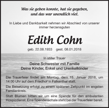 Traueranzeige von Edith Cohn von Märkische Oderzeitung