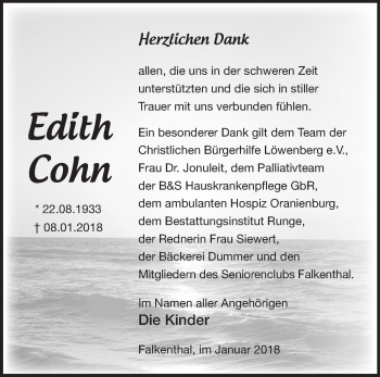 Traueranzeige von Edith Cohn von Märkische Oderzeitung