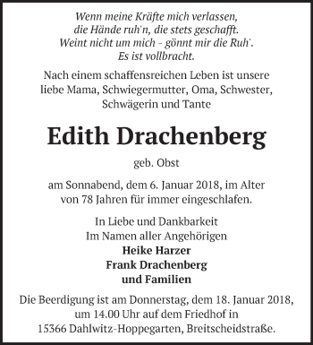 Traueranzeige von Edith Drachenberg von Märkische Oderzeitung