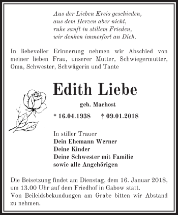 Traueranzeige von Edith Liebe von Märkische Oderzeitung