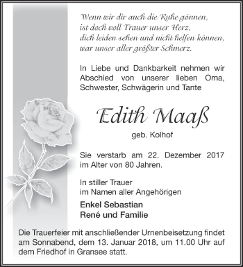 Traueranzeige von Edith Maaß von Märkische Oderzeitung