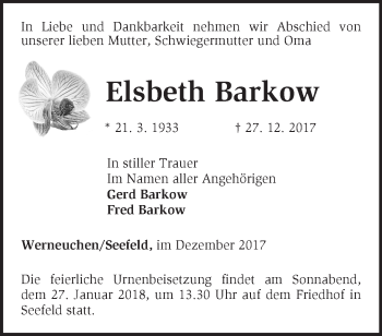 Traueranzeige von Elsbeth Barkow von Märkische Oderzeitung