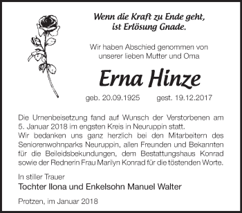 Traueranzeige von Erna Hinze von Märkische Oderzeitung