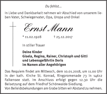 Traueranzeige von Ernst Mann von Märkische Oderzeitung