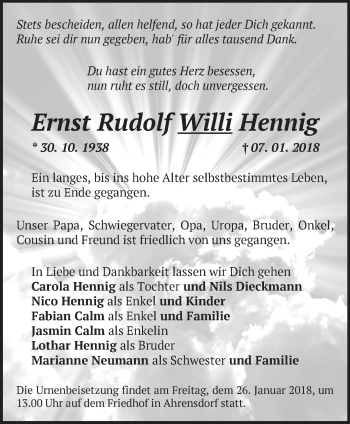 Traueranzeige von Ernst Rudolf Willi Hennig von Märkische Oderzeitung