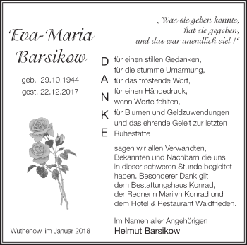 Traueranzeige von Eva-Maria Barsikow von Märkische Oderzeitung