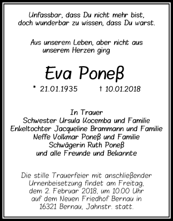 Traueranzeige von Eva Poneß von Märkische Oderzeitung