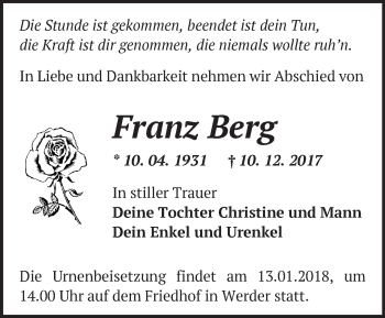 Traueranzeige von Franz Berg von Märkische Oderzeitung