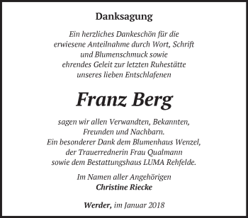 Traueranzeige von Franz Berg von Märkische Oderzeitung