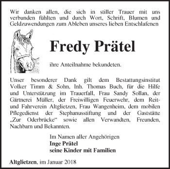 Traueranzeige von Fredy Prätel von Märkische Oderzeitung