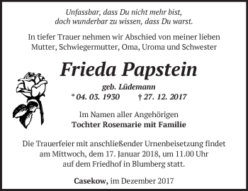 Traueranzeige von Frieda Papstein von Märkische Oderzeitung