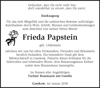 Traueranzeige von Frieda Papstein von Märkische Oderzeitung