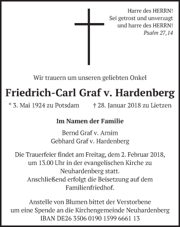 Traueranzeige von Friedrich-Carl Graf v. Hardenberg von Märkische Oderzeitung