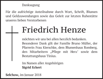 Traueranzeige von Friedrich Henze von Märkische Oderzeitung