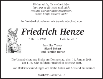 Traueranzeige von Friedrich Henze von Märkische Oderzeitung