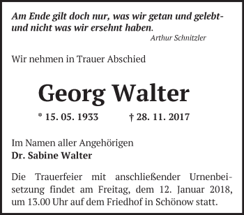 Traueranzeige von Georg Walter  von Märkische Oderzeitung