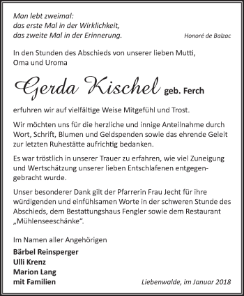 Traueranzeige von Gerda Kischel von Märkische Oderzeitung