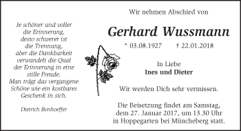 Traueranzeige von Gerhard Wussmann von Märkische Oderzeitung